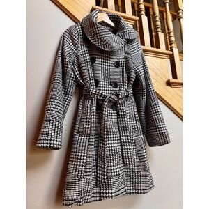 XOXO Womens Houndstooth‎ Trench Coat Belt Black White Double Breasted Medium Y2K